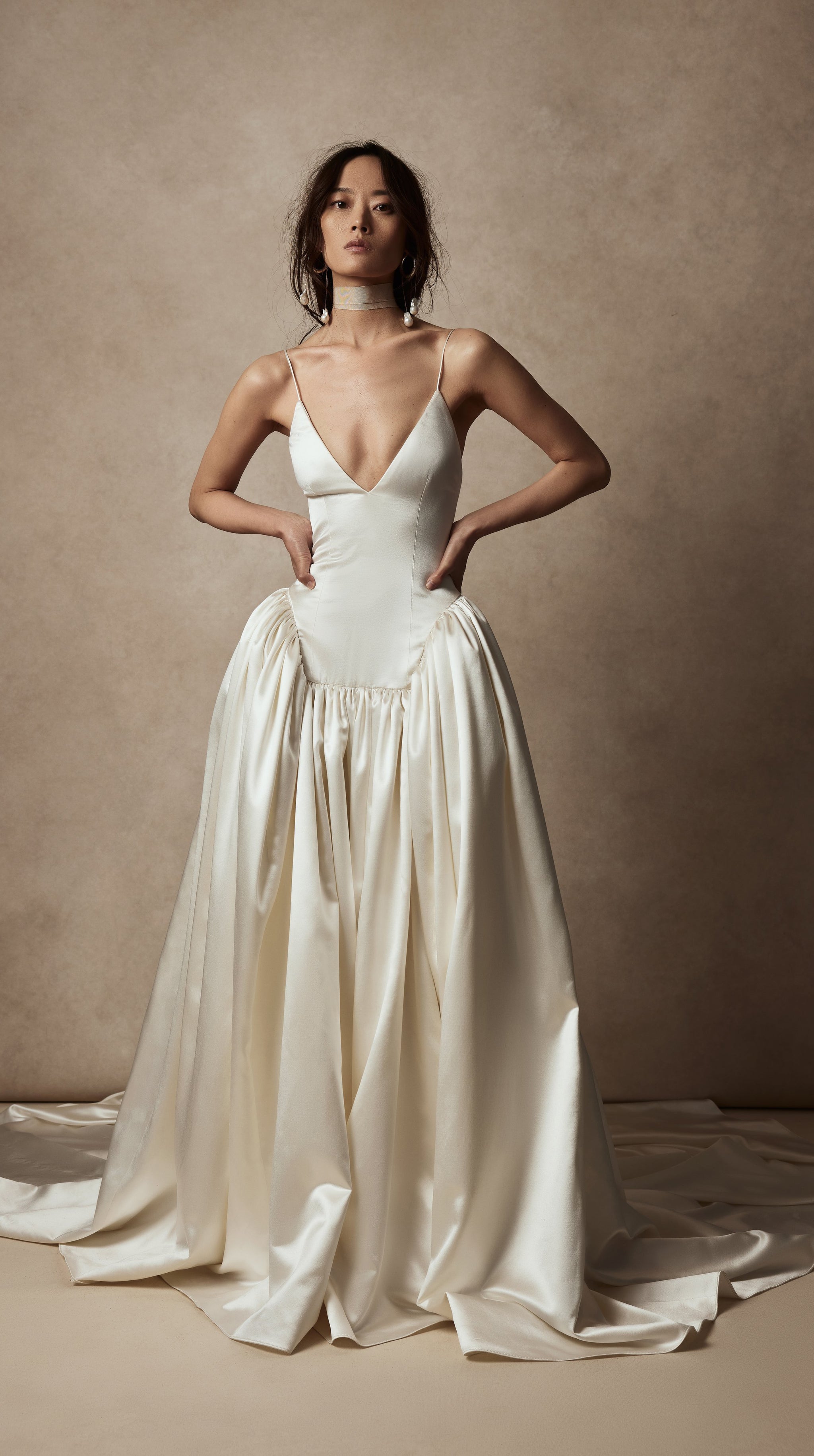basque waist wedding dress
